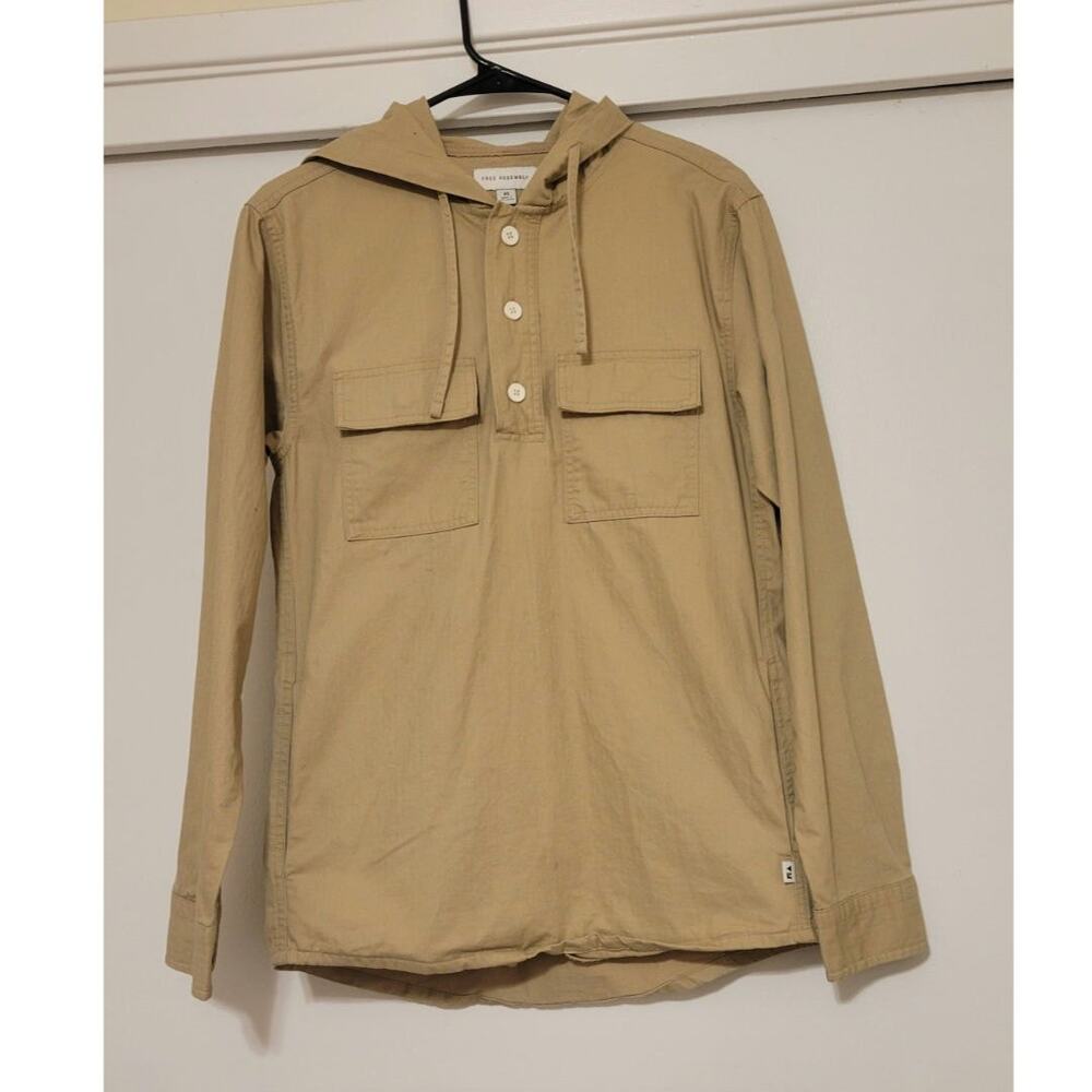Free Assembly Womens XS Hooded Utility Shirt Tan Cotton Button Front Pockets